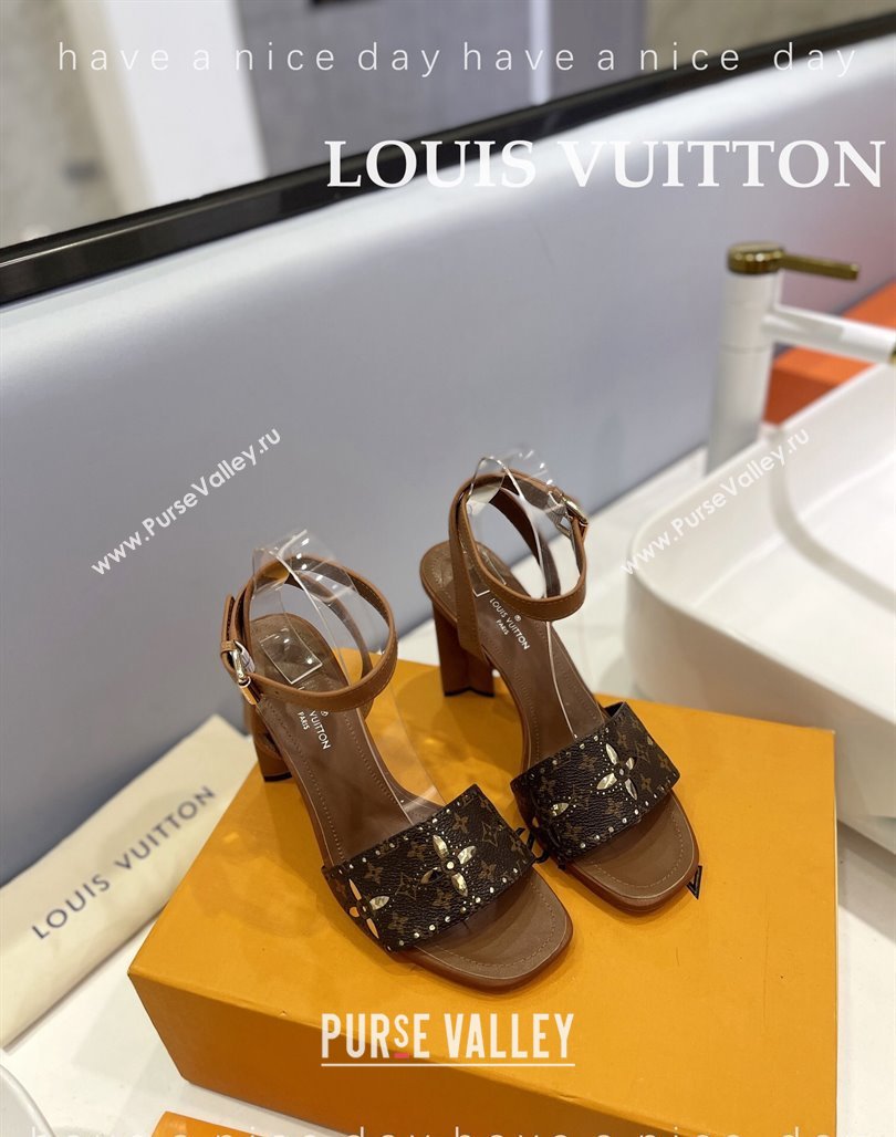 Louis Vuitton Monogram Bloom Sandals 8cm in Cutout Monogram Canvas and Leather Brown 2024 032001 (MD-240320087)