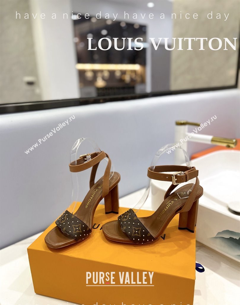 Louis Vuitton Heel Sandals 8cm in Monogram Canvas and Leather with Studs Brown 2 2024 032002 (MD-240320093)