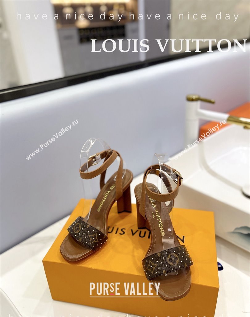 Louis Vuitton Heel Sandals 8cm in Monogram Canvas and Leather with Studs Brown 2 2024 032002 (MD-240320093)