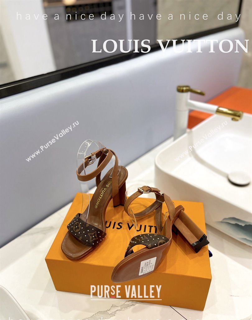 Louis Vuitton Heel Sandals 8cm in Monogram Canvas and Leather with Studs Brown 2 2024 032002 (MD-240320093)