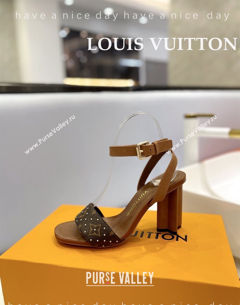 Louis Vuitton Heel Sandals 8cm in Monogram Canvas and Leather with Studs Brown 2 2024 032002 (MD-240320093)