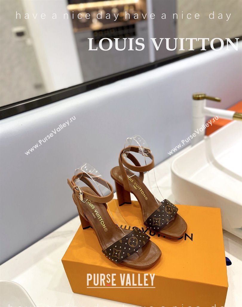 Louis Vuitton Heel Sandals 8cm in Monogram Canvas and Leather with Studs Brown 2 2024 032002 (MD-240320093)