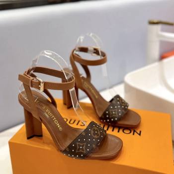 Louis Vuitton Heel Sandals 8cm in Monogram Canvas and Leather with Studs Brown 2 2024 032002 (MD-240320093)