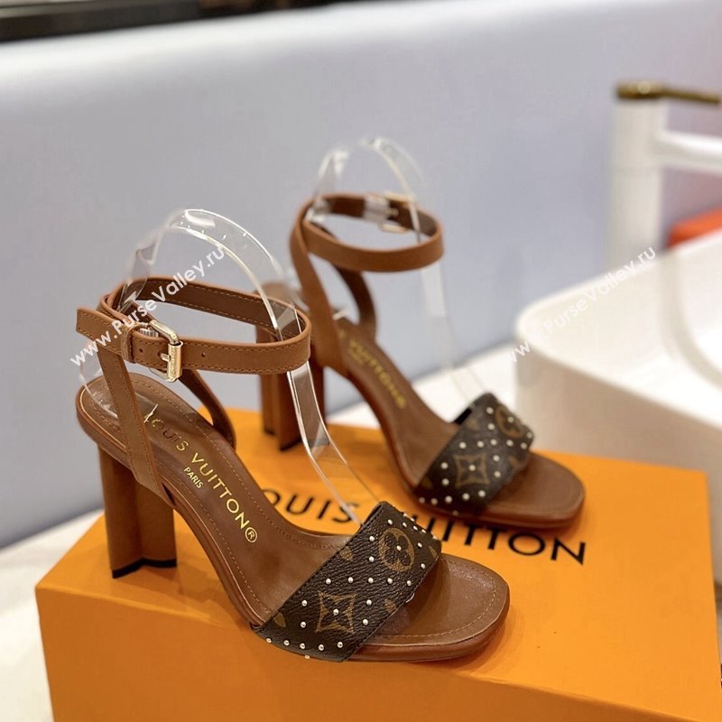 Louis Vuitton Heel Sandals 8cm in Monogram Canvas and Leather with Studs Brown 2 2024 032002 (MD-240320093)