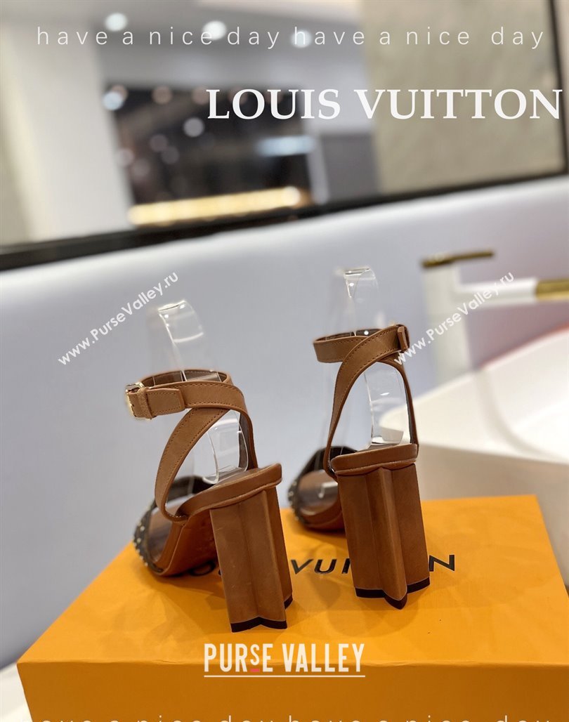 Louis Vuitton Heel Sandals 8cm in Monogram Canvas and Leather with Studs Brown 2 2024 032002 (MD-240320093)