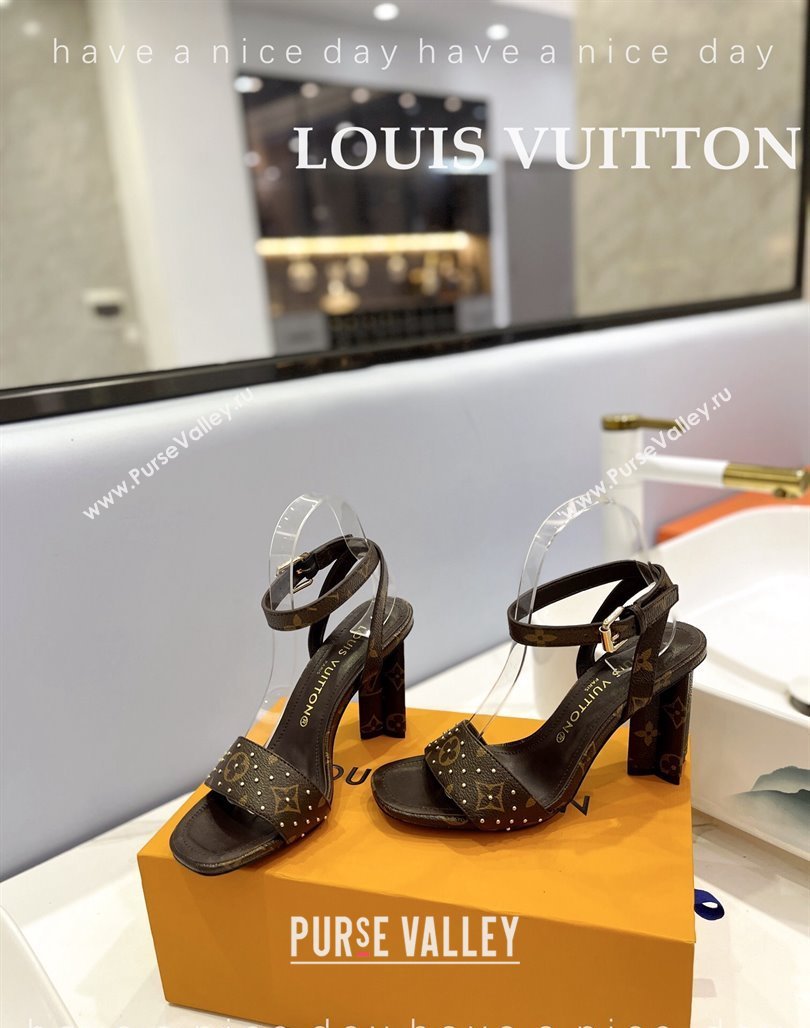 Louis Vuitton Heel Sandals 8cm in Monogram Canvas and Leather with Studs Dark Brown 2024 032002 (MD-240320094)