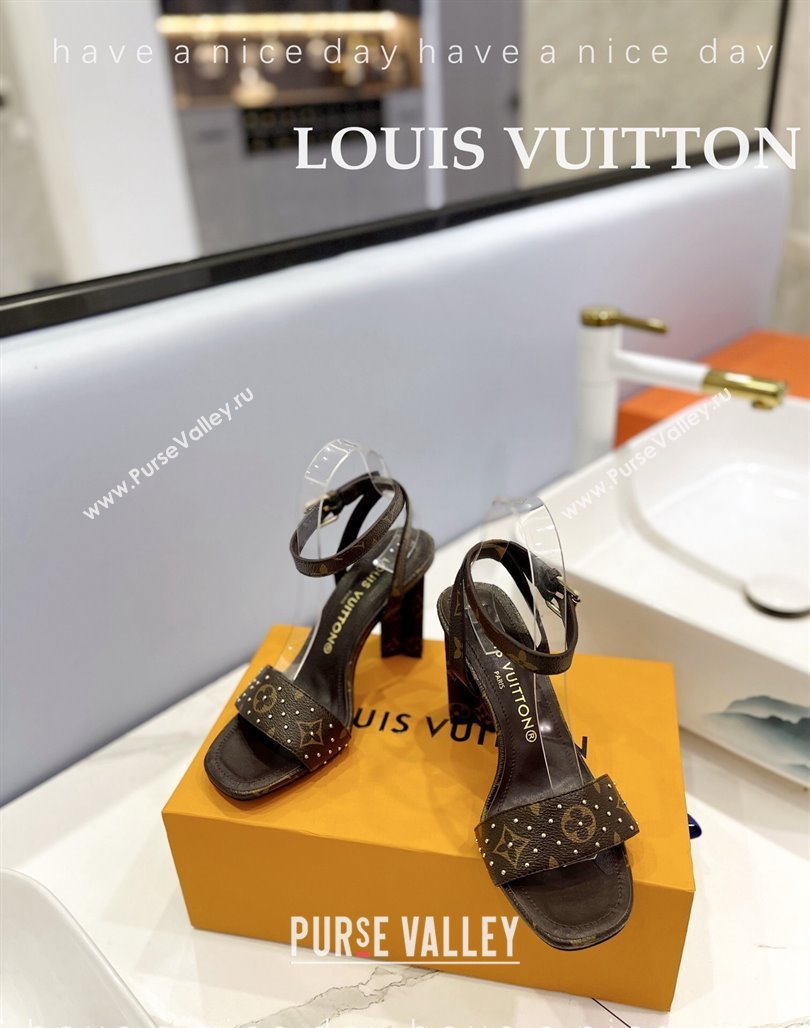 Louis Vuitton Heel Sandals 8cm in Monogram Canvas and Leather with Studs Dark Brown 2024 032002 (MD-240320094)