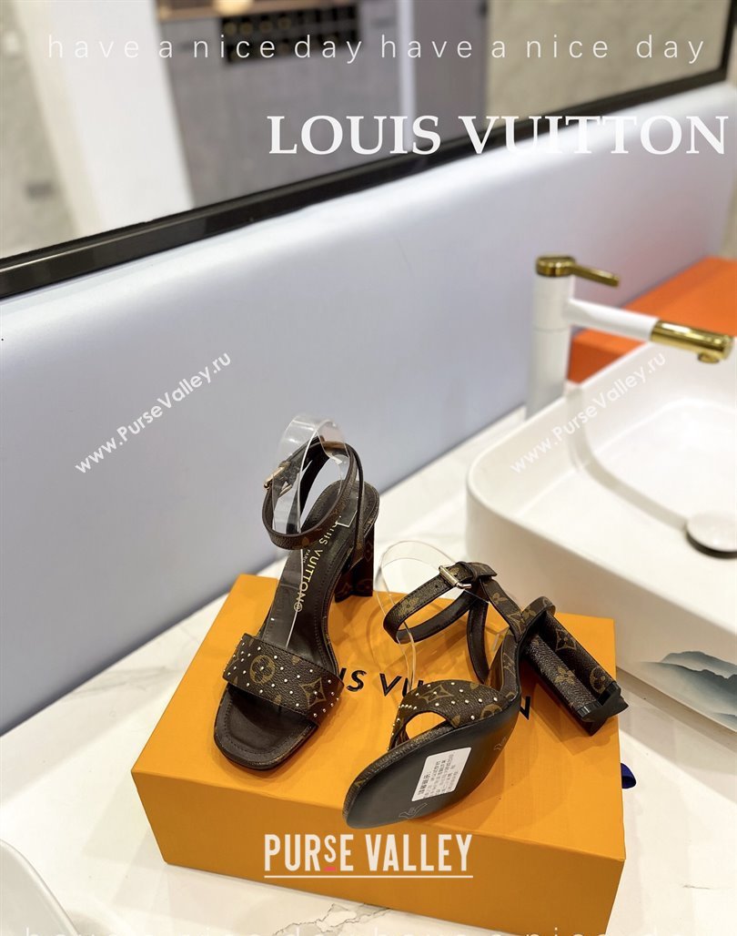 Louis Vuitton Heel Sandals 8cm in Monogram Canvas and Leather with Studs Dark Brown 2024 032002 (MD-240320094)