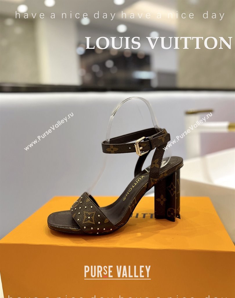 Louis Vuitton Heel Sandals 8cm in Monogram Canvas and Leather with Studs Dark Brown 2024 032002 (MD-240320094)