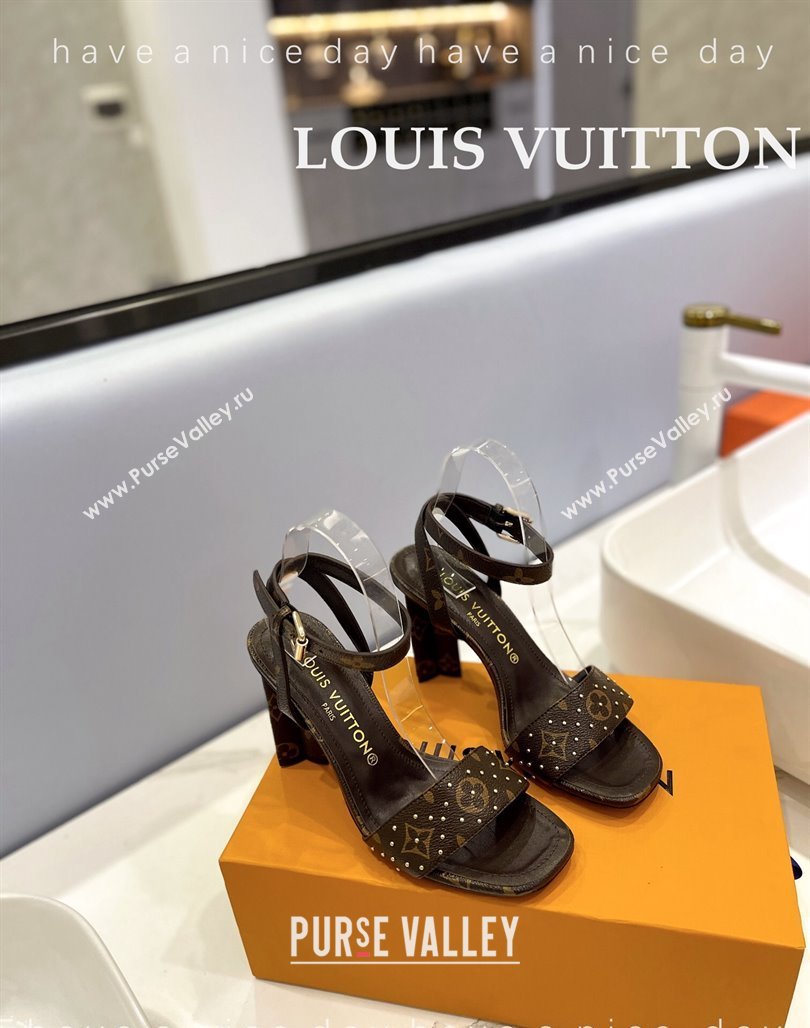 Louis Vuitton Heel Sandals 8cm in Monogram Canvas and Leather with Studs Dark Brown 2024 032002 (MD-240320094)