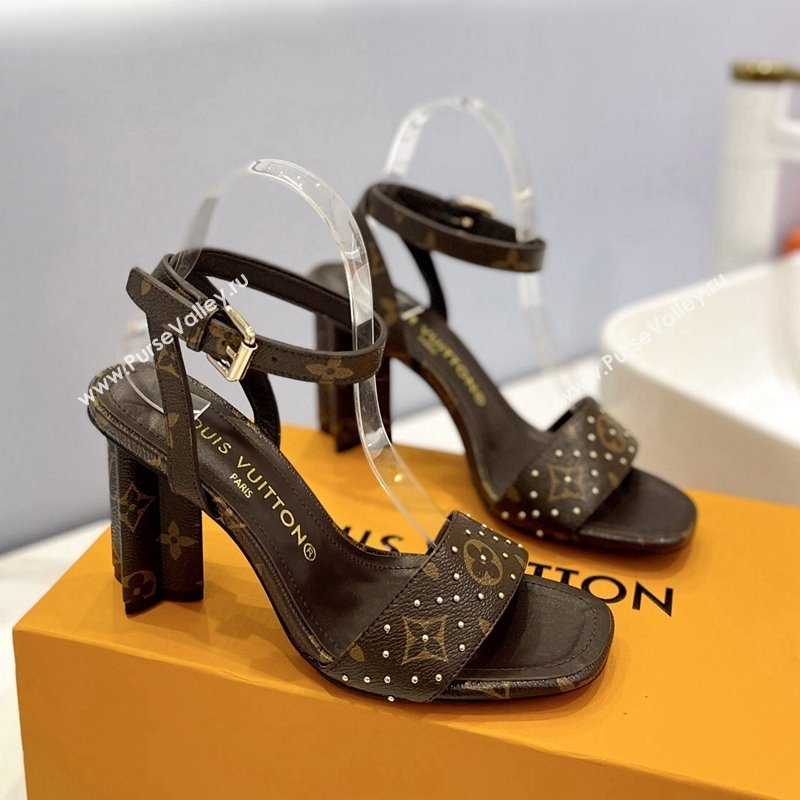 Louis Vuitton Heel Sandals 8cm in Monogram Canvas and Leather with Studs Dark Brown 2024 032002 (MD-240320094)