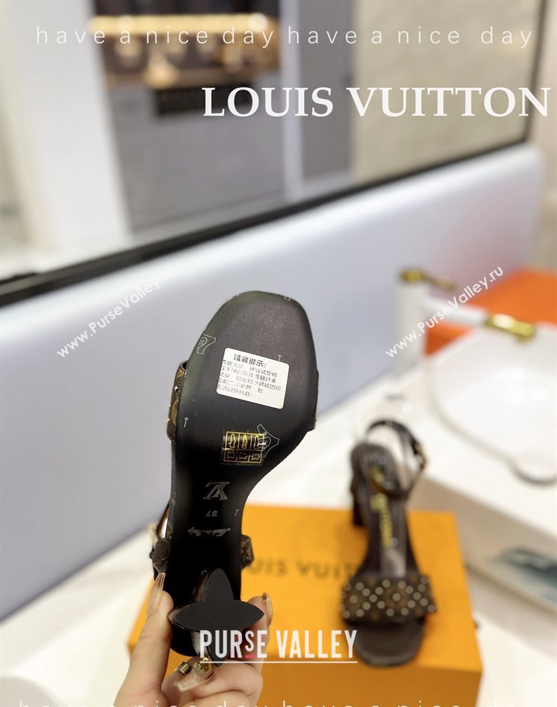 Louis Vuitton Heel Sandals 8cm in Monogram Canvas and Leather with Studs Dark Brown 2024 032002 (MD-240320094)