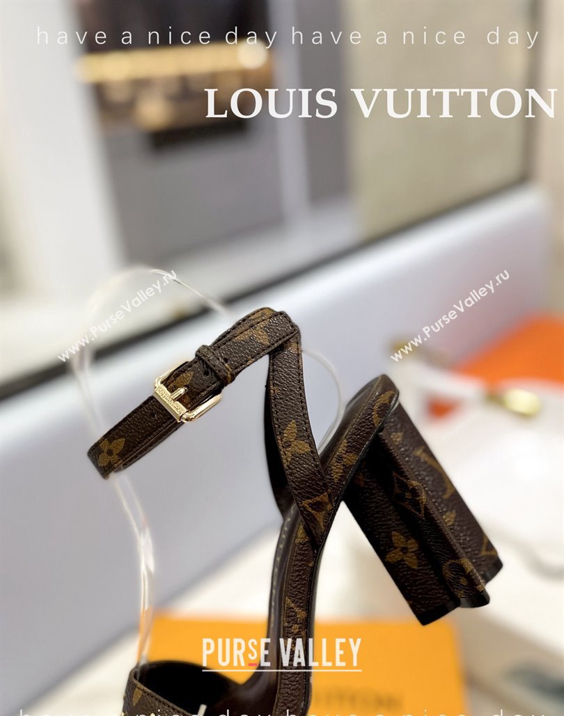 Louis Vuitton Heel Sandals 8cm in Monogram Canvas and Leather with Studs Dark Brown 2024 032002 (MD-240320094)