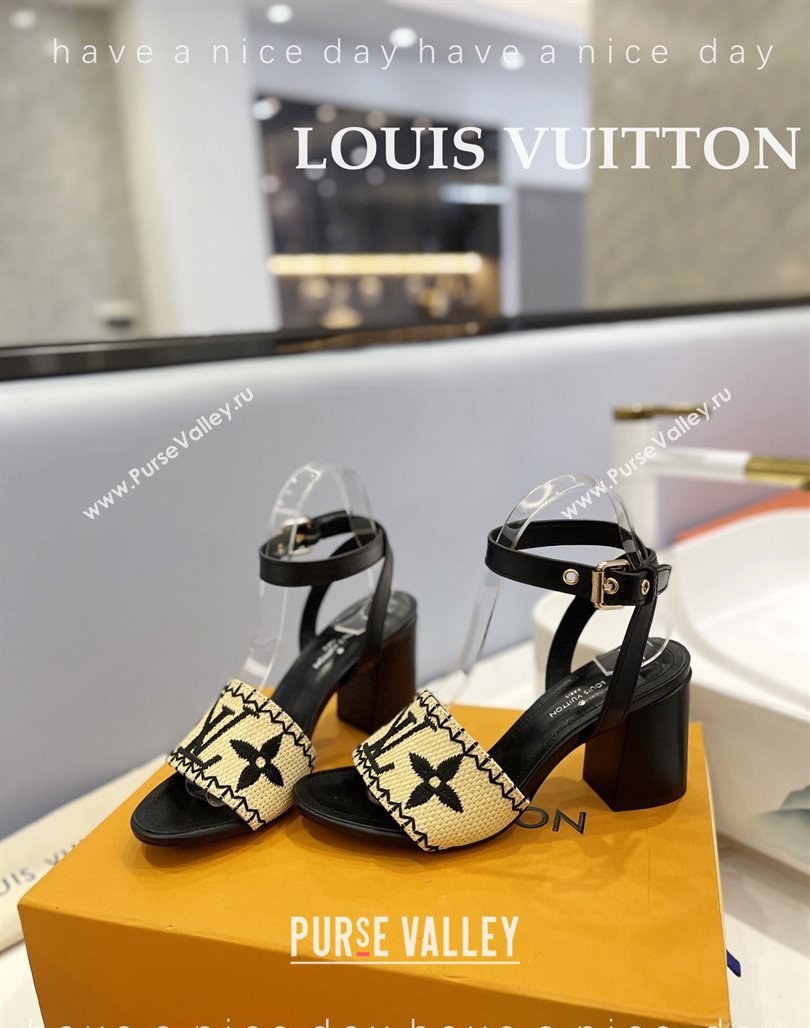 Louis Vuitton Heel Sandals 7.5cm in Monogram Raffia Straw Black 2024 0320 (MD-240320095)