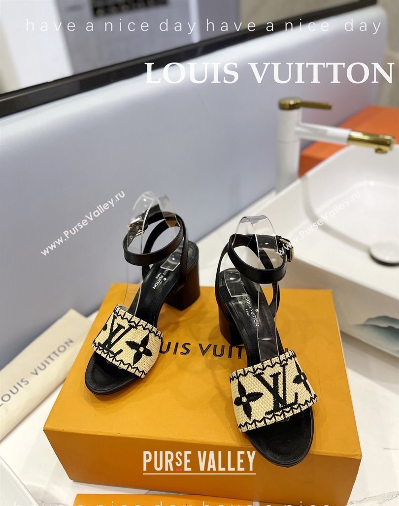 Louis Vuitton Heel Sandals 7.5cm in Monogram Raffia Straw Black 2024 0320 (MD-240320095)