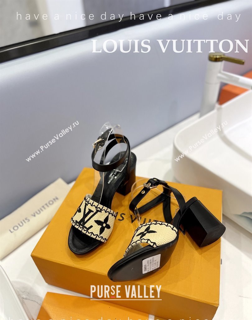 Louis Vuitton Heel Sandals 7.5cm in Monogram Raffia Straw Black 2024 0320 (MD-240320095)