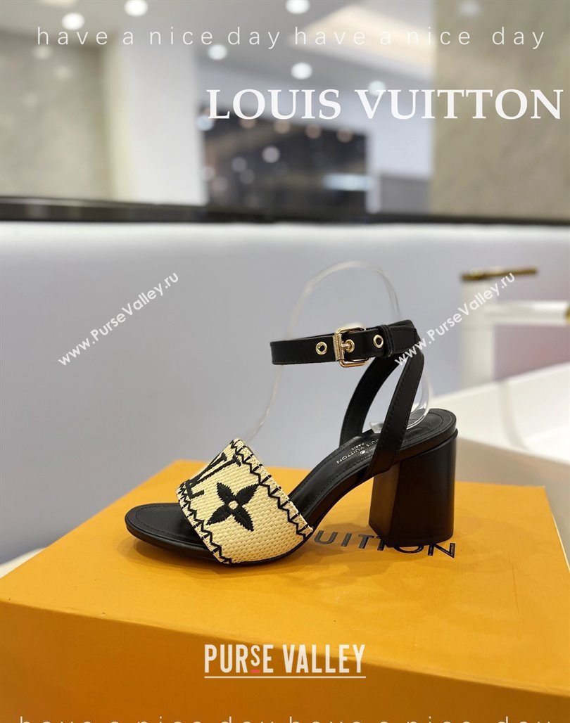 Louis Vuitton Heel Sandals 7.5cm in Monogram Raffia Straw Black 2024 0320 (MD-240320095)