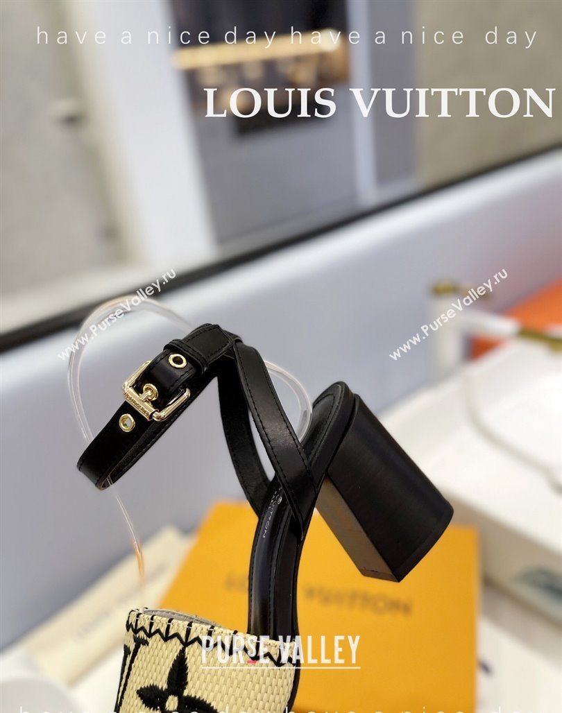 Louis Vuitton Heel Sandals 7.5cm in Monogram Raffia Straw Black 2024 0320 (MD-240320095)