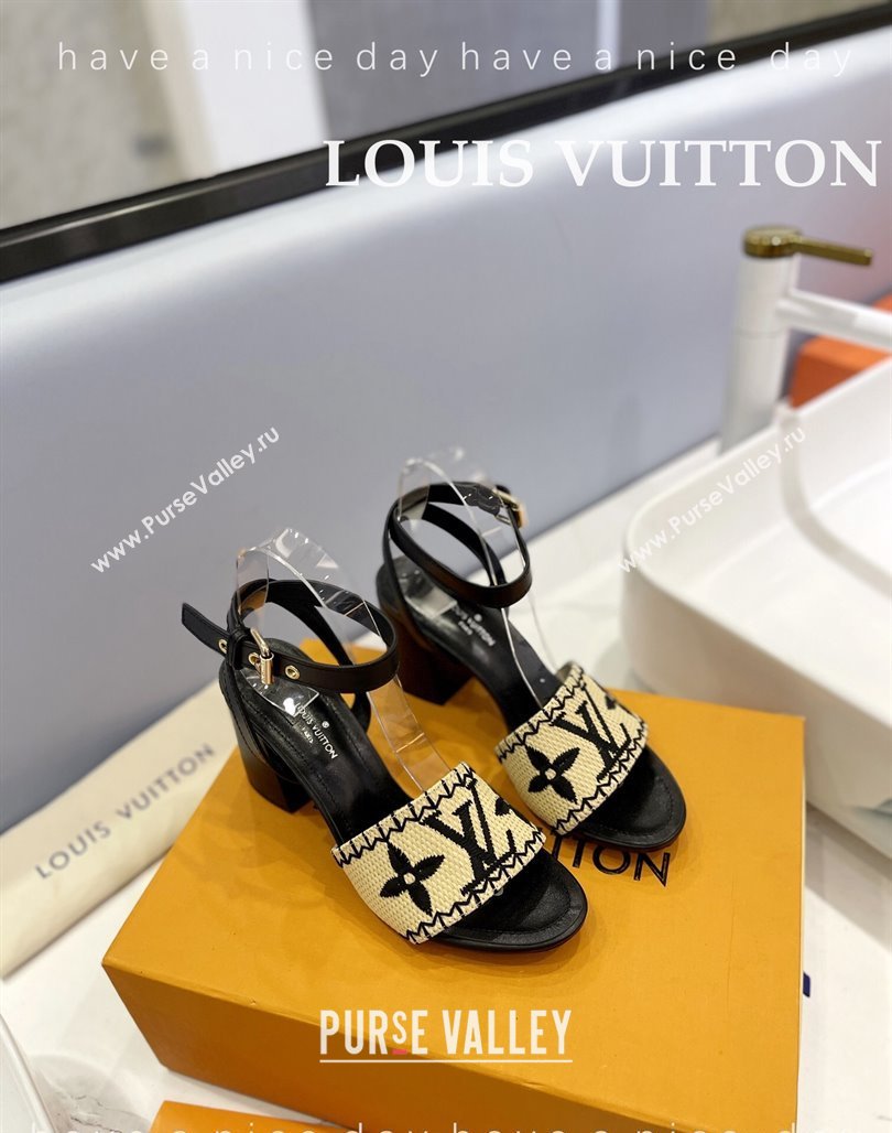 Louis Vuitton Heel Sandals 7.5cm in Monogram Raffia Straw Black 2024 0320 (MD-240320095)