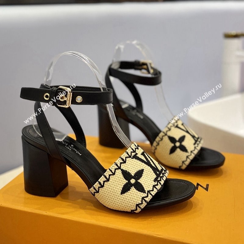 Louis Vuitton Heel Sandals 7.5cm in Monogram Raffia Straw Black 2024 0320 (MD-240320095)