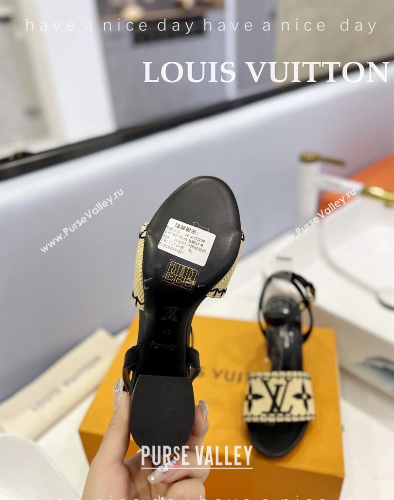 Louis Vuitton Heel Sandals 7.5cm in Monogram Raffia Straw Black 2024 0320 (MD-240320095)