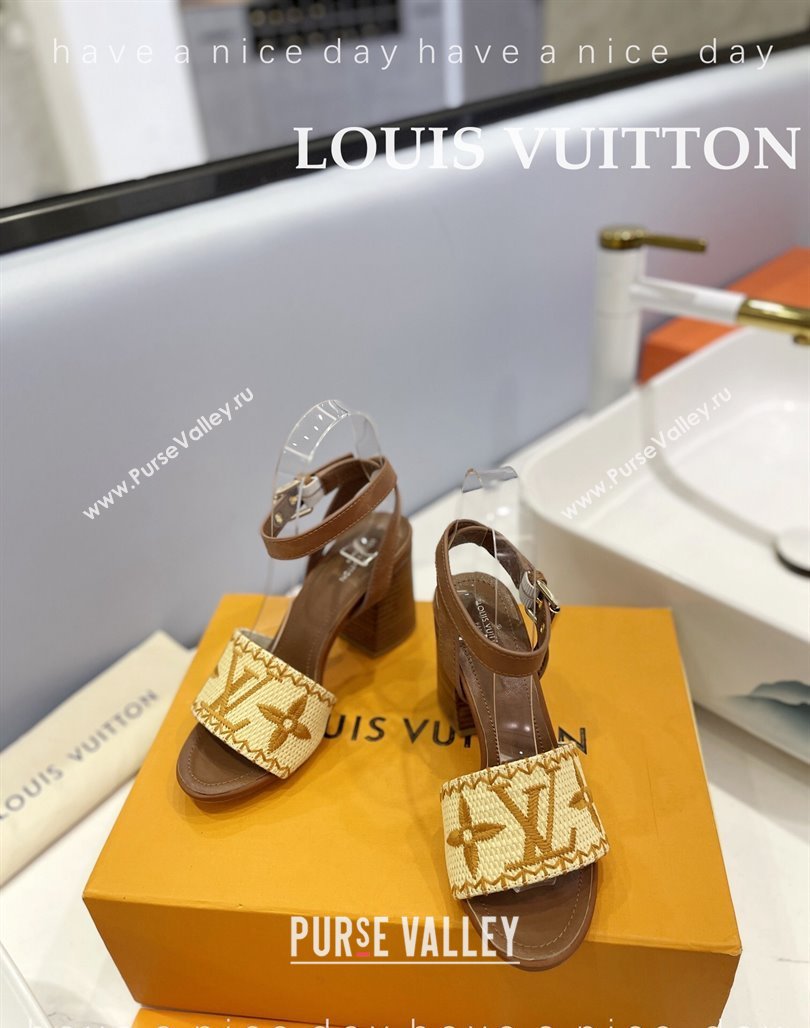 Louis Vuitton Heel Sandals 7.5cm in Monogram Raffia Straw Brown 2024 0320 (MD-240320096)