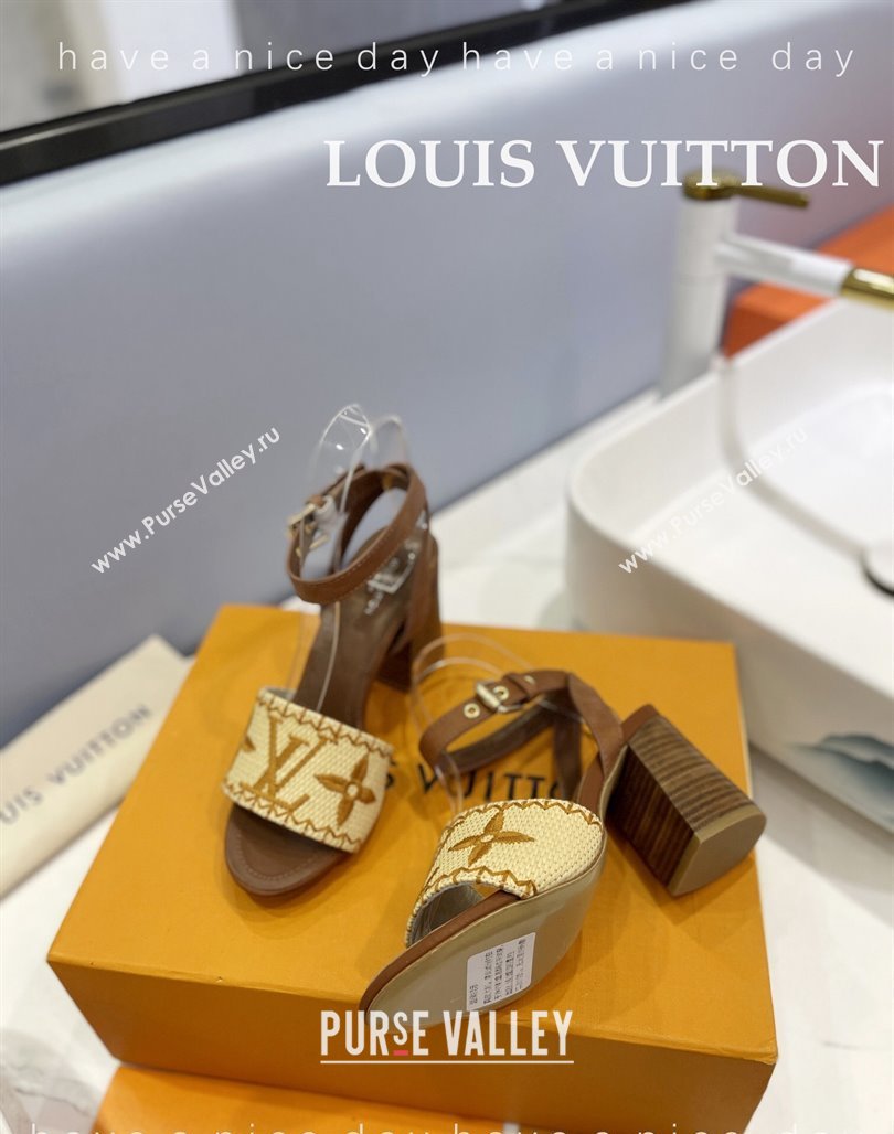 Louis Vuitton Heel Sandals 7.5cm in Monogram Raffia Straw Brown 2024 0320 (MD-240320096)