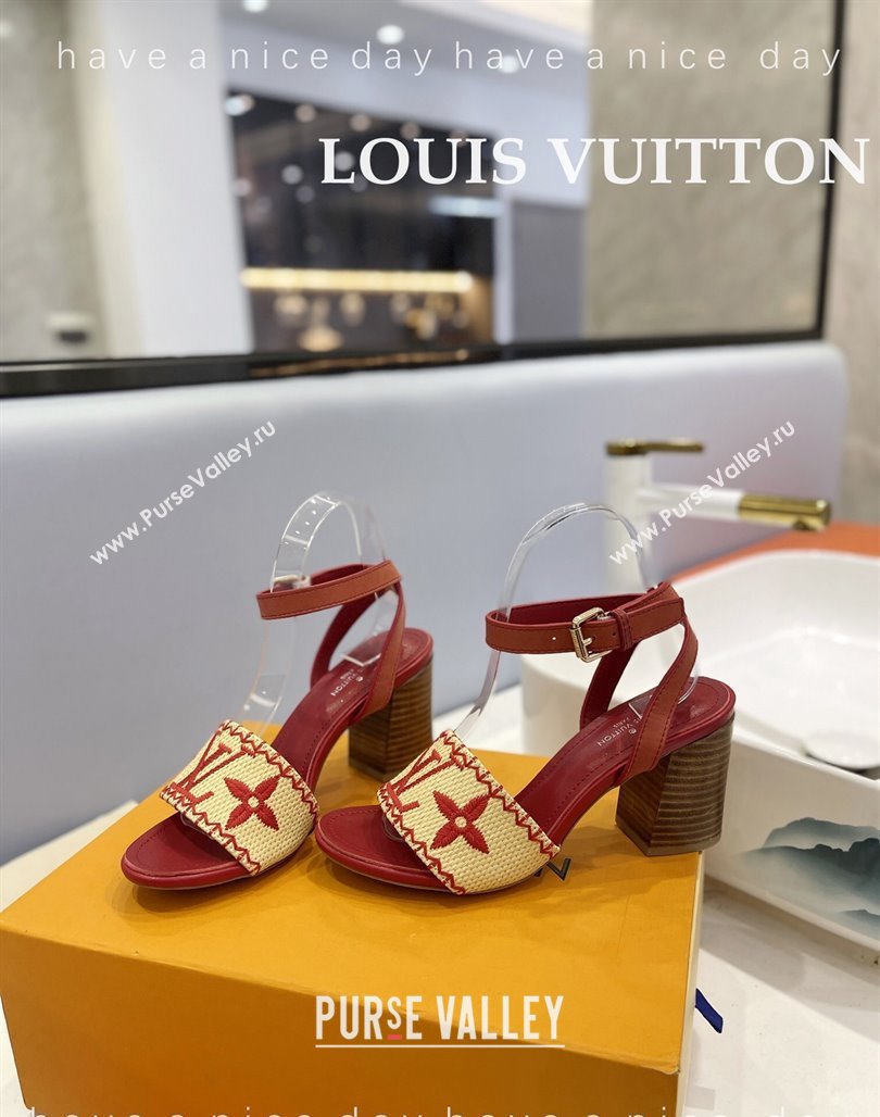 Louis Vuitton Heel Sandals 7.5cm in Monogram Raffia Straw Red 2024 0320 (MD-240320097)