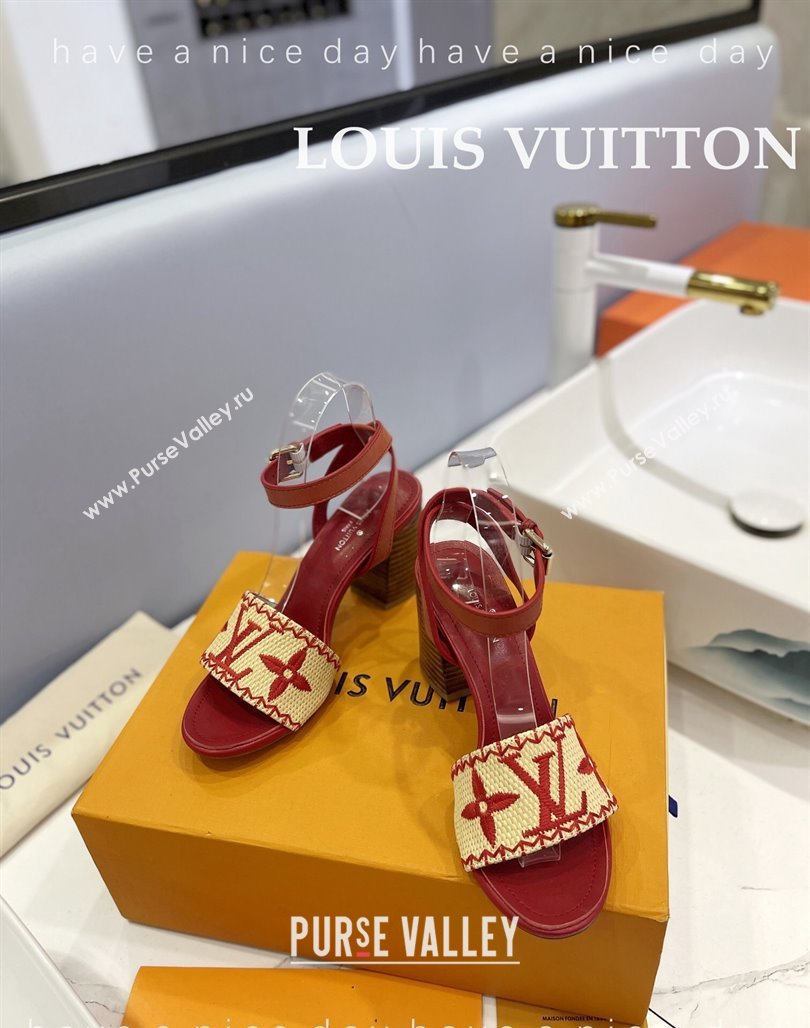 Louis Vuitton Heel Sandals 7.5cm in Monogram Raffia Straw Red 2024 0320 (MD-240320097)