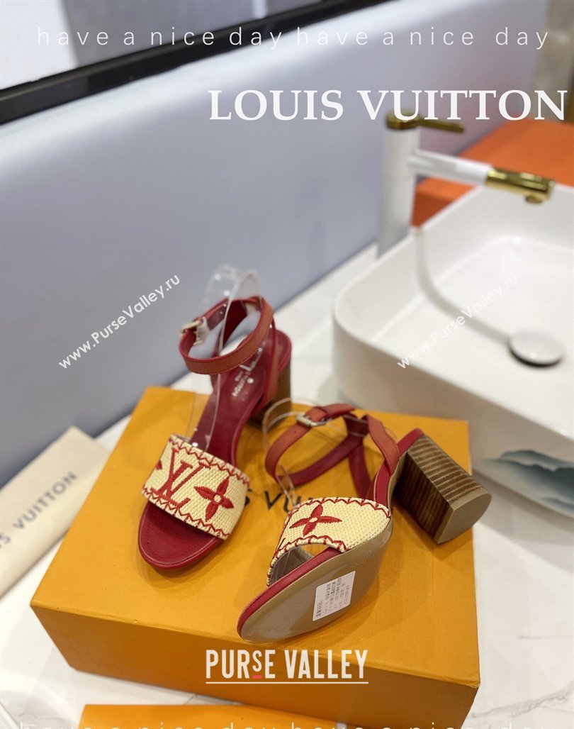 Louis Vuitton Heel Sandals 7.5cm in Monogram Raffia Straw Red 2024 0320 (MD-240320097)