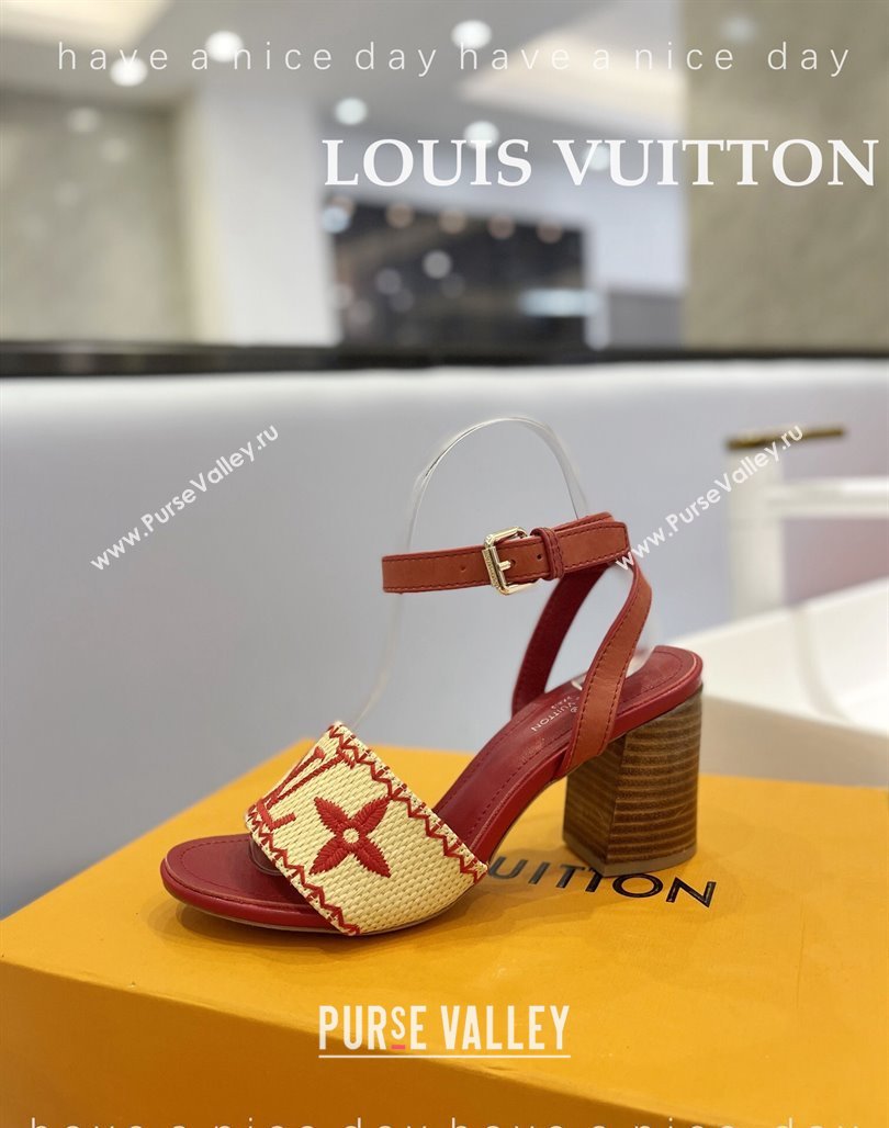 Louis Vuitton Heel Sandals 7.5cm in Monogram Raffia Straw Red 2024 0320 (MD-240320097)