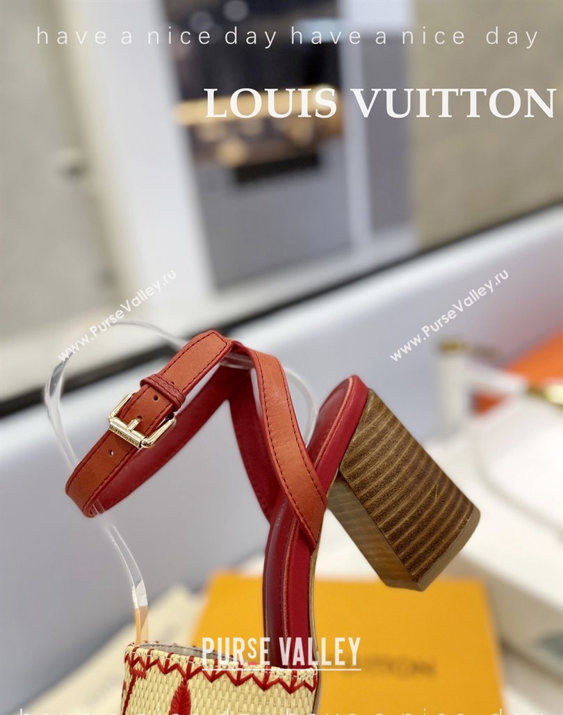 Louis Vuitton Heel Sandals 7.5cm in Monogram Raffia Straw Red 2024 0320 (MD-240320097)