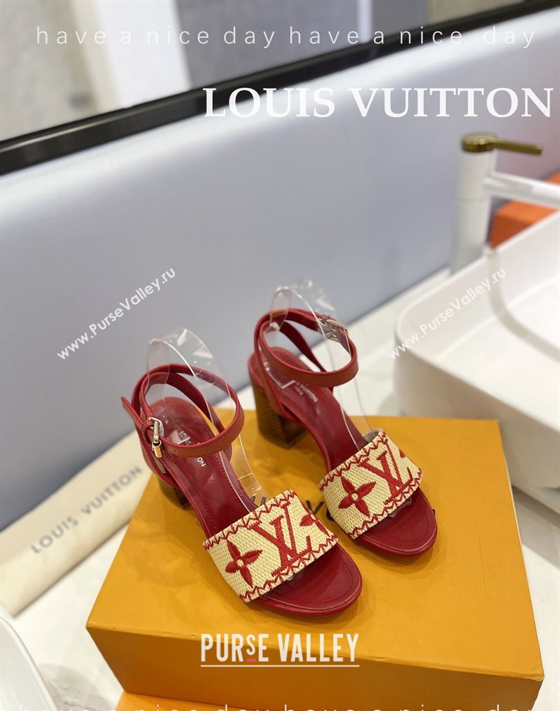 Louis Vuitton Heel Sandals 7.5cm in Monogram Raffia Straw Red 2024 0320 (MD-240320097)