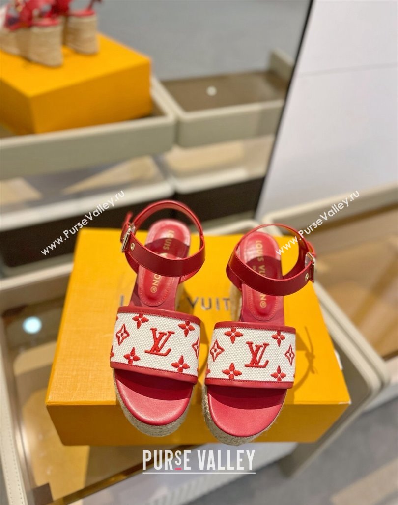 Louis Vuitton Starboard Wedge Sandals 10cm in Monogram-embroidered Cotton Red 2024 (MD-240320098)