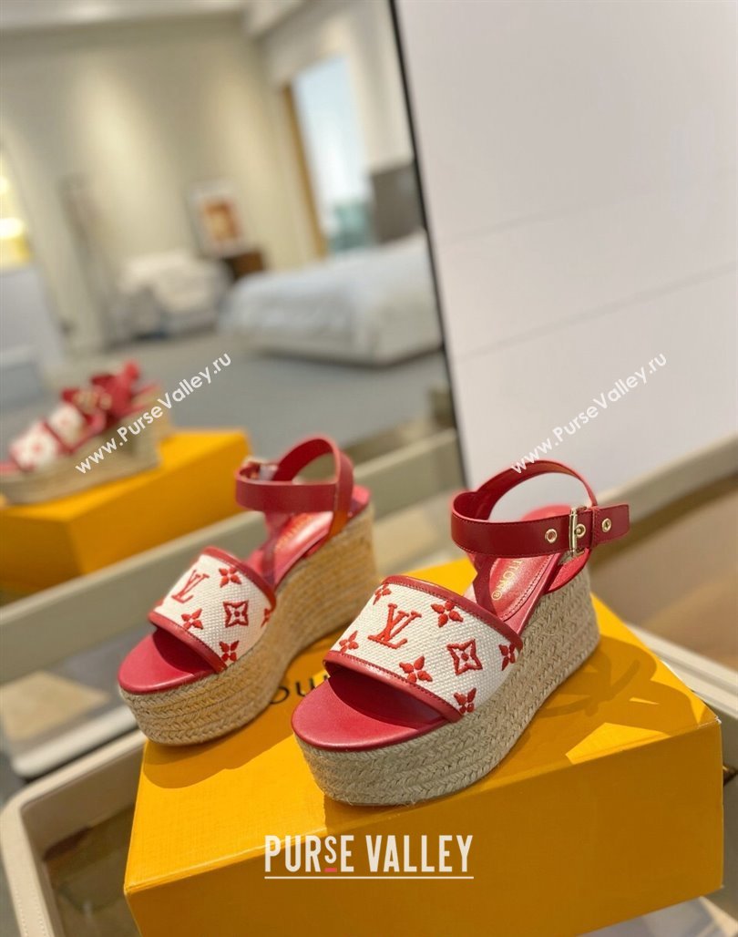 Louis Vuitton Starboard Wedge Sandals 10cm in Monogram-embroidered Cotton Red 2024 (MD-240320098)