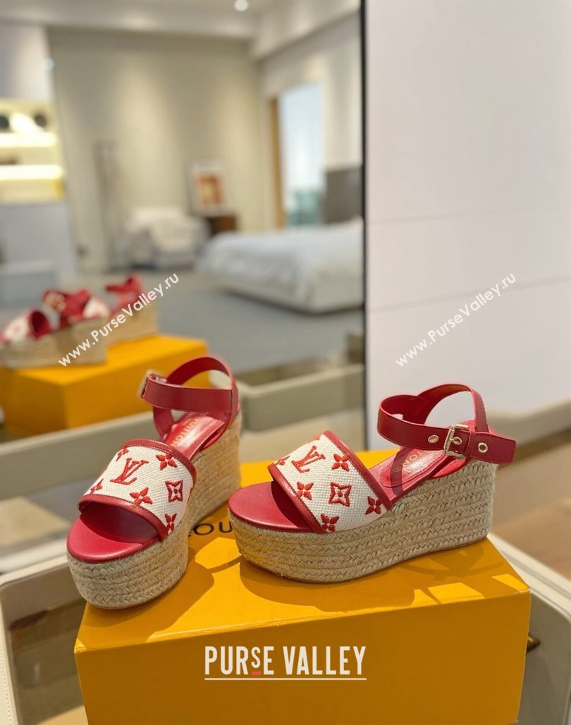 Louis Vuitton Starboard Wedge Sandals 10cm in Monogram-embroidered Cotton Red 2024 (MD-240320098)