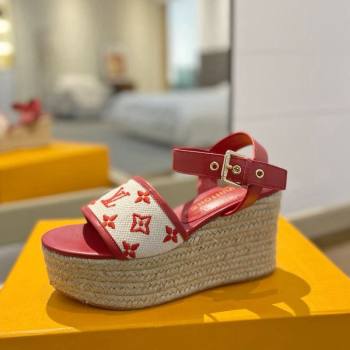 Louis Vuitton Starboard Wedge Sandals 10cm in Monogram-embroidered Cotton Red 2024 (MD-240320098)