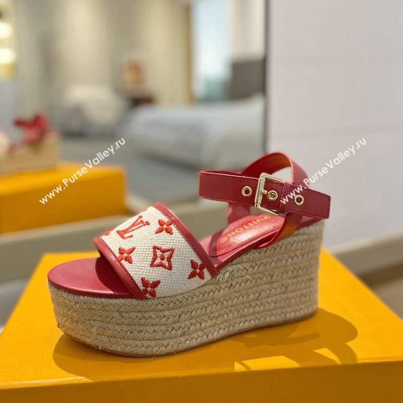 Louis Vuitton Starboard Wedge Sandals 10cm in Monogram-embroidered Cotton Red 2024 (MD-240320098)