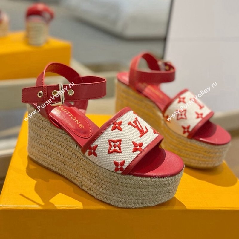 Louis Vuitton Starboard Wedge Sandals 10cm in Monogram-embroidered Cotton Red 2024 (MD-240320098)