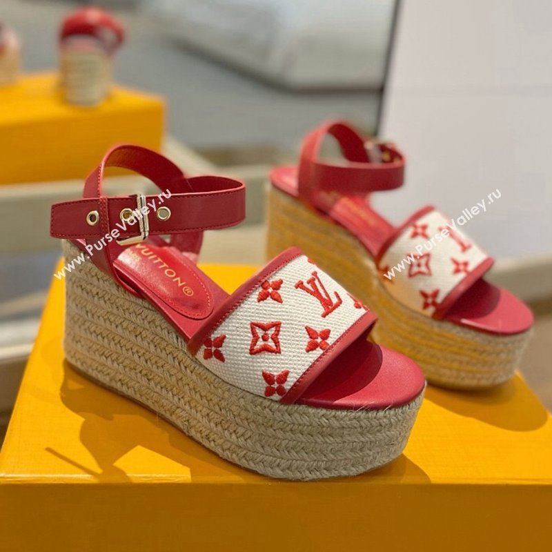 Louis Vuitton Starboard Wedge Sandals 10cm in Monogram-embroidered Cotton Red 2024 (MD-240320098)