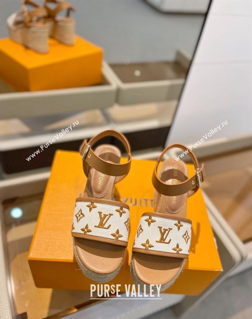 Louis Vuitton Starboard Wedge Sandals 10cm in Monogram-embroidered Cotton Brown 2024 (MD-240320099)