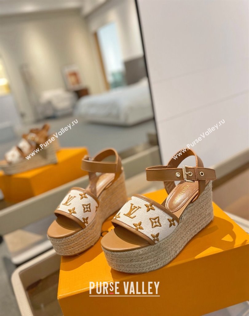 Louis Vuitton Starboard Wedge Sandals 10cm in Monogram-embroidered Cotton Brown 2024 (MD-240320099)