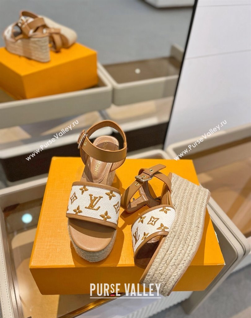 Louis Vuitton Starboard Wedge Sandals 10cm in Monogram-embroidered Cotton Brown 2024 (MD-240320099)