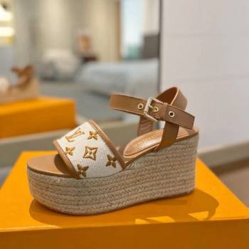 Louis Vuitton Starboard Wedge Sandals 10cm in Monogram-embroidered Cotton Brown 2024 (MD-240320099)