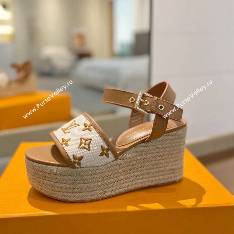 Louis Vuitton Starboard Wedge Sandals 10cm in Monogram-embroidered Cotton Brown 2024 (MD-240320099)