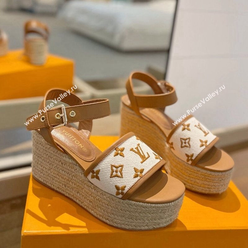 Louis Vuitton Starboard Wedge Sandals 10cm in Monogram-embroidered Cotton Brown 2024 (MD-240320099)