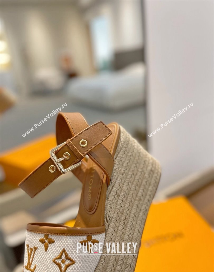 Louis Vuitton Starboard Wedge Sandals 10cm in Monogram-embroidered Cotton Brown 2024 (MD-240320099)