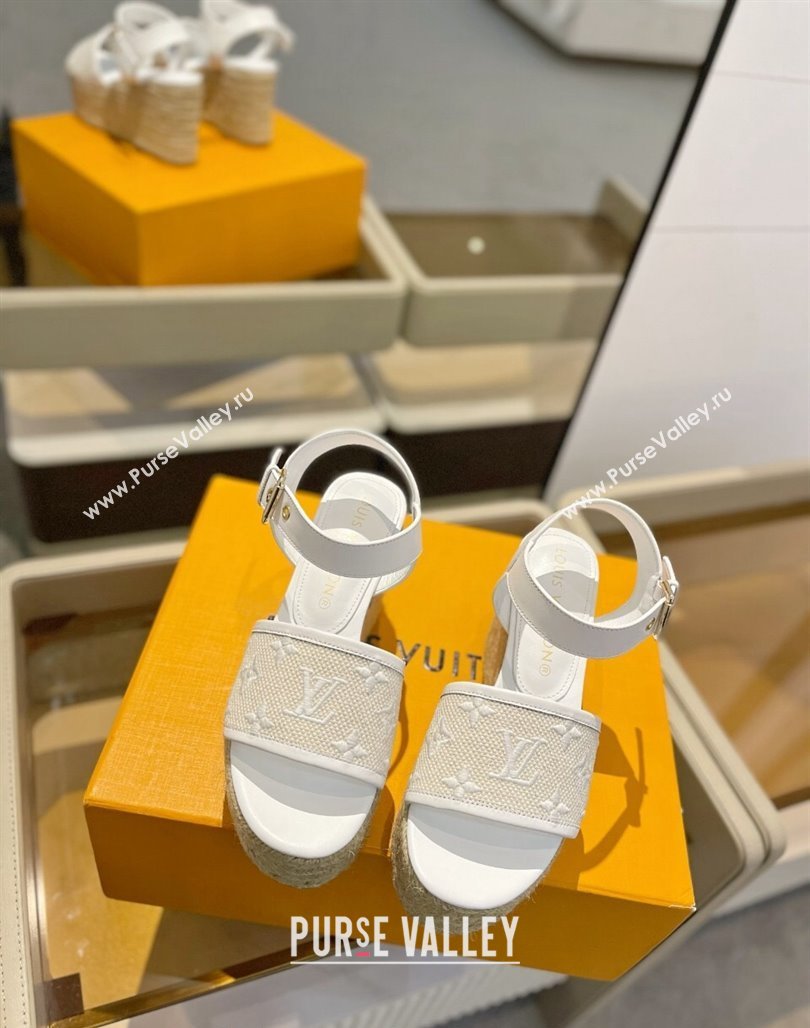 Louis Vuitton Starboard Wedge Sandals 10cm in Monogram-embroidered Cotton White 2024 (MD-240320100)