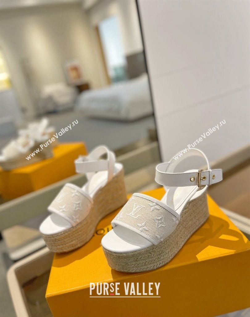 Louis Vuitton Starboard Wedge Sandals 10cm in Monogram-embroidered Cotton White 2024 (MD-240320100)