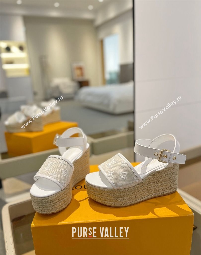 Louis Vuitton Starboard Wedge Sandals 10cm in Monogram-embroidered Cotton White 2024 (MD-240320100)